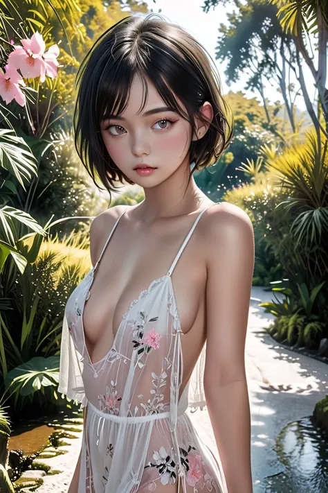 A Asian teenage model of rare beauty, lightly tanned white skin, short blackest hair with a bob cut, small snub breasts, distracted gray açaí eyes, delicate and long hands. She wears a pinkish white negligee. She poses backside snubing beautiful ass along ...