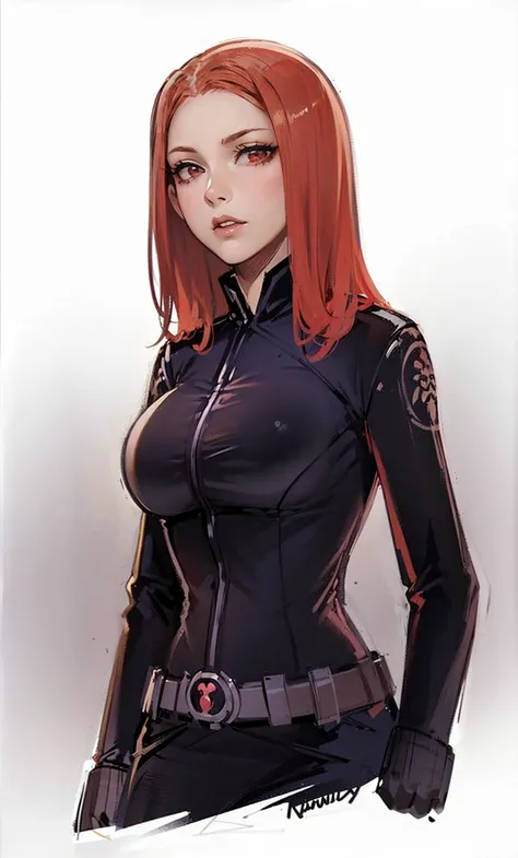 A digitally illustrated image shows a shoulder-length red-haired girl wearing a sleek skin-tight shiny black latex bodysuit with a deep-cut zipper neckline revealing a large chest, the silver zipper running down the front. The suit is complemented by her g...