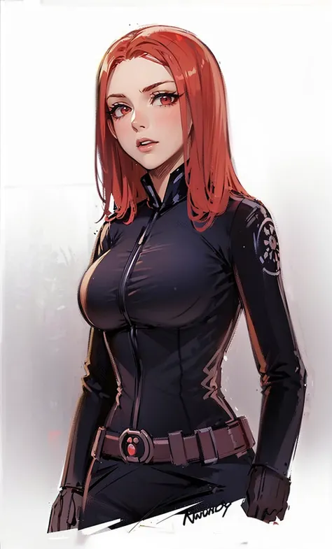 A digitally illustrated image shows a shoulder-length red-haired girl wearing a sleek skin-tight shiny black latex bodysuit with a deep-cut zipper neckline revealing a large chest, the silver zipper running down the front. The suit is complemented by her g...