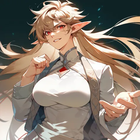 1girl, beautiful, tomboy, badass, light brown hair, messy hair, long hair, bangs cover face, red eyes, elf ears, white skin, muscular body, scar on her body, big breasts, white outfit, happy, elegant pose