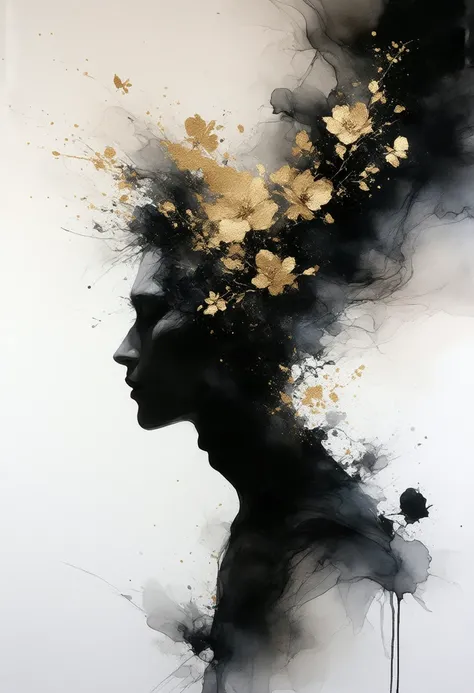 Japanese painting, splash art, dark painting, abstract painting, ink painting, overthinking blowing head with gold flowers 