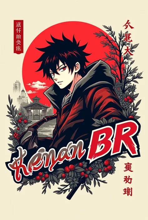 Design a dynamic logo for RENAN BR, an anime-inspired clothing brand. Incorporate elements such as stylized manga characters, traditional Japanese motifs, and modern streetwear aesthetics. Use a bold color palette featuring vibrant reds, blacks, and whites...