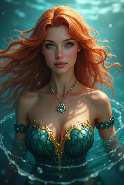 Creami un immagine di una femmina simile a mare di aquaman in versione dea e con capelli mossi rossi e occhi azzurri che non sia di profilo 