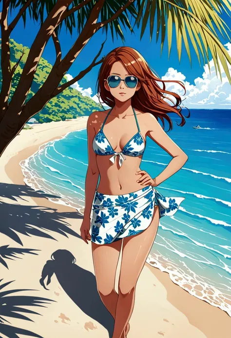 A young woman of Asian descent, positioned mid-frame, stands on a white sandy beach. She is wearing a blue and white floral bikini top and a matching sarong-style wrap skirt.  She is wearing mirrored aviator sunglasses and has a light, medium-brown complex...