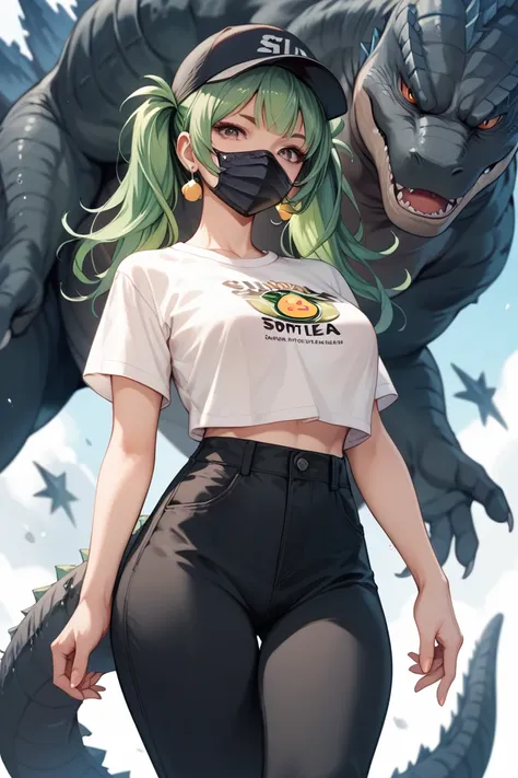 chica estilo anime,  green hair with pigtails, Breasts 34C, With Godzillas tail, Wearing black pants , a shirt with black and white stripes, wearing a black hat , with a black mask on his eyes and a sphere on his right hand