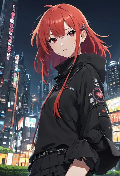 a woman with red hair and a black top standing in a city, a character portrait inspired by Ryūsei Kishida, pixiv contest winner, digital art, cyberpunk anime girl, badass anime 8 k, female cyberpunk anime girl, cyberpunk anime girl mech, anime cyberpunk ar...