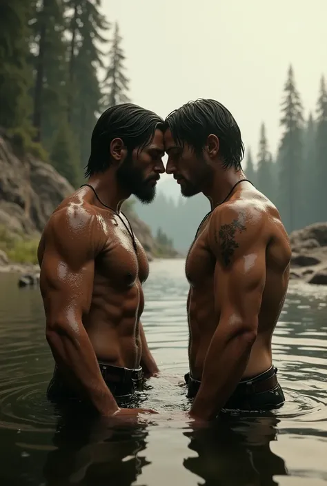 Arthur Morgan and John marston from red dead redemption 2 looklike , taking a shower in a river in montana, there are very close to each other and there’s tension in between, we can see their faces in 3/4