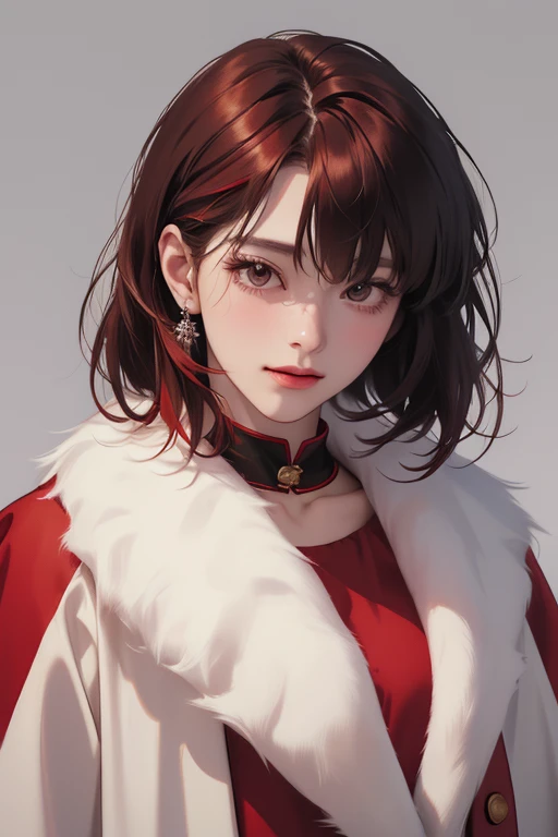 above view, smile,((masterpiece)), best quality, 8K resolution, Semi-realistic, cinematic lighting, beautiful detailed eyes),cute, 1 woman,korean,25-year-old,((Blunt bangs)) medium straight hair, ((Santa costume, including a red coat with small white fur))...