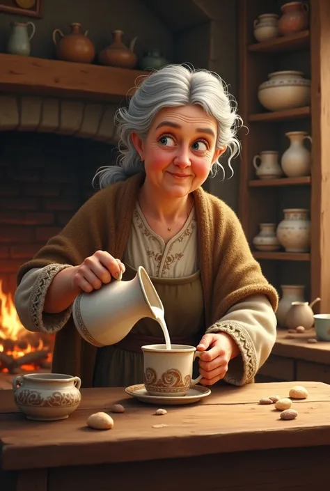 The grandmother from a fairy tale ,  who pours milk from a jug into a mug