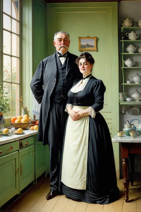  Full body shot  of A plump voluptuous buxom mature Victorian widow standing with her husband in front of a window in her kitchen, by Jean Béraud, inspired by Jean Béraud, inspired by Édouard Detaille, edouard leon cortes, inspired by Ivan Kramskoi, inspir...