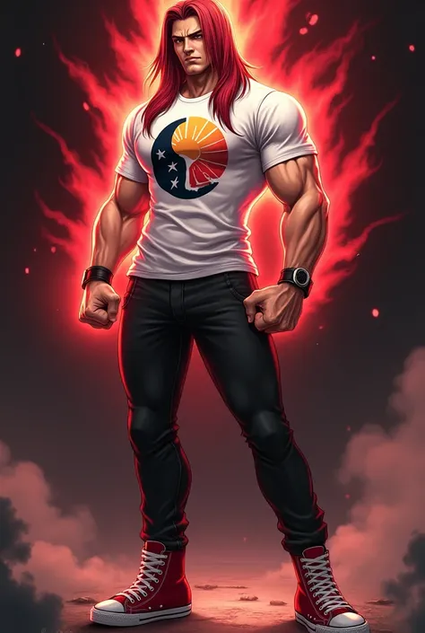  Create an athletic male character with long straight reddish brown hair white t-shirt blue jeans red and white canvas sneakers in red and white canvas on the BLACK T-SHIRT he will have a print of the half moon by Iori Yagami and the yellow sun by Kyo Kusa...