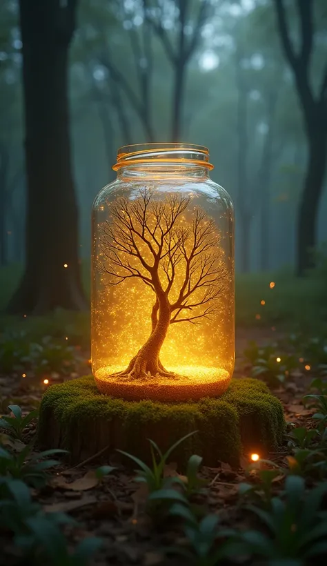 A magical glass jar filled with intertwined branches glowing with golden lights, set in a dark forest with an enchanting atmosphere. The background is filled with soft hazy effects and warm colors ranging from dark green to brown, with touches of scattered...