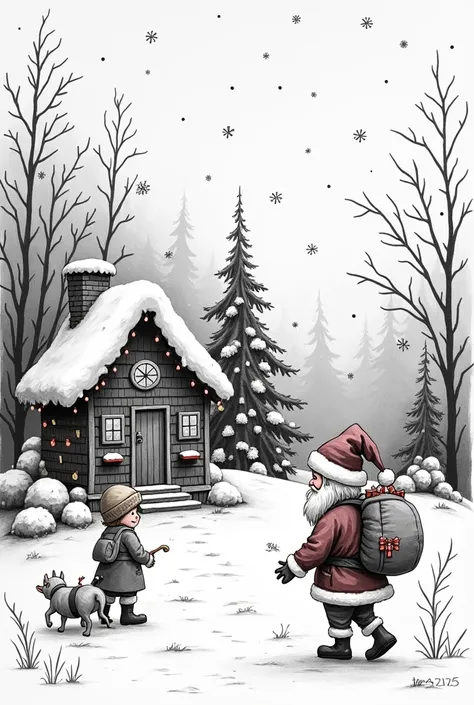 Create a freehand drawing in black and white of an original Christmas as if it had been drawn by a  boy