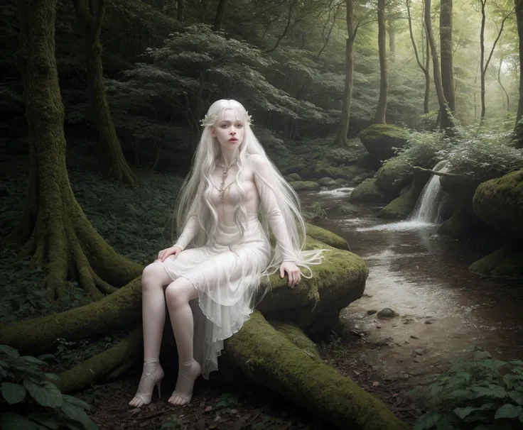  Arafats woman dressed in white sitting on a rock in the woods, Fantasy photo shoot,  A still image of an ethereal ,  an impressive young ethereal figure , portrait of  mystical albino ,  loose white hair , white hair floating in the air,  realistic fantas...