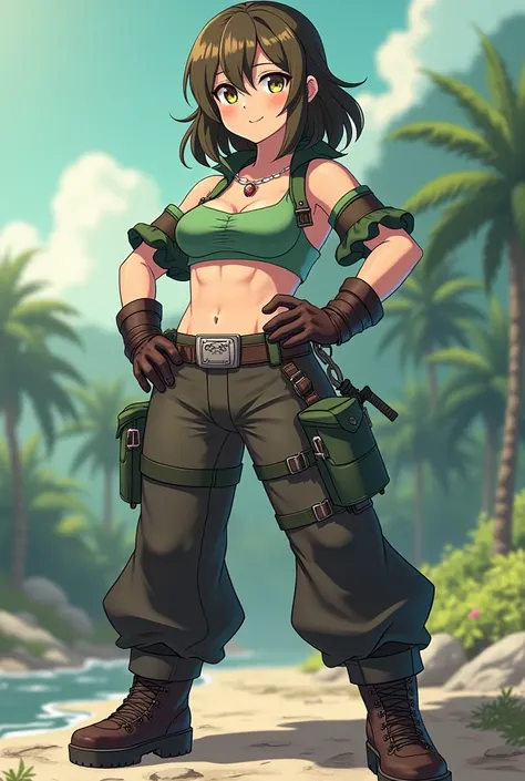 A female anime character age 15, she is thicc, she has medium long Royal Hairstyle, hair color Green and Brown, with green and brown eyes, she wears battle grade crop top with sleeves and long pants and and battle grade boots, with cup size boobs