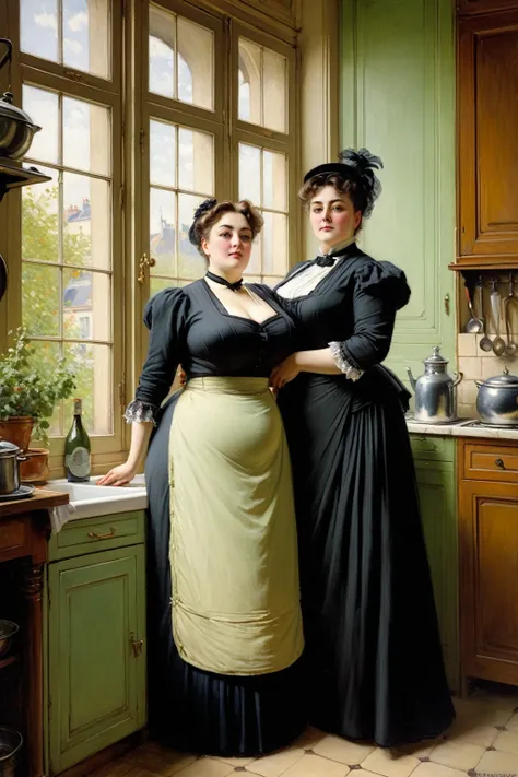  Full body shot  of A plump voluptuous buxom mature Victorian widow standing with her husband in front of a window in her kitchen, by Jean Béraud, inspired by Jean Béraud, inspired by Édouard Detaille, edouard leon cortes, inspired by Ivan Kramskoi, inspir...