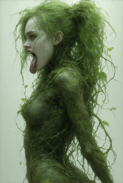 Harley Quinn becomes entangled in strange vines as she begins to transform into a human-plant hybrid. Her skin turns green and thorny vines crawl under her clothing, causing it to stretch and rip. Her chest has grown to voluptuous size, breaking free of th...