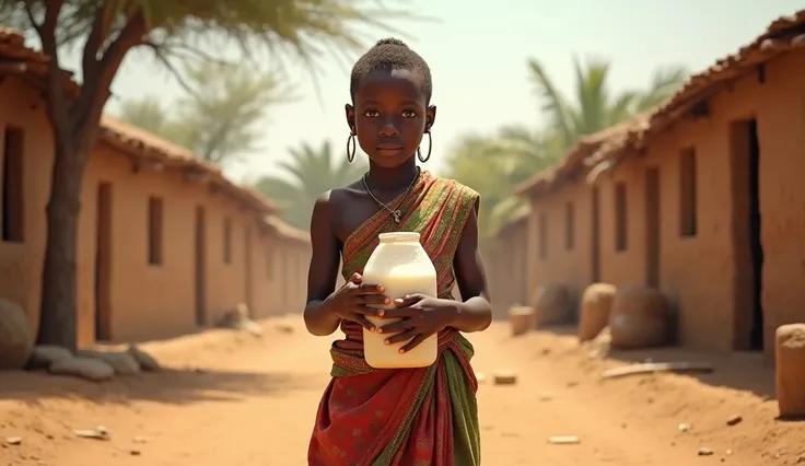 MILK SELLER  STAL SHOT HD14-year-old girl, AFRICAN GIRL AFRICAN VILLAGE VIBEE standing tall in the middle of a dusty African village,
