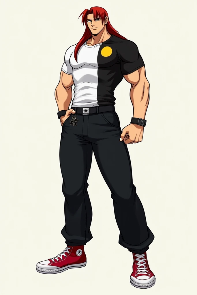  Create an athletic male character with long straight reddish brown hair white t-shirt blue jeans red and white canvas sneakers in red and white canvas on the BLACK T-SHIRT he will have a print of the half moon by Iori Yagami and the yellow sun by Kyo Kusa...