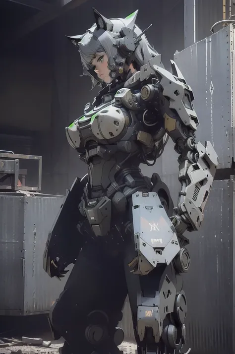 masterpiece, top quality, ultra detailed ,  1 girl,Alone, Big Breasts, Gray Theme,   Machinery Parts,Robot Joints, , Standing , cowboy shot , cat ears,Slope, 