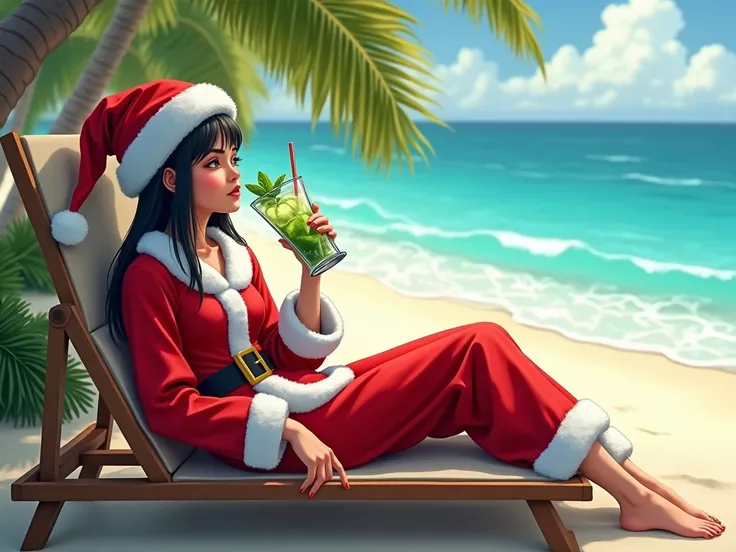  image of a dark-haired girl dressed as a Santa,  lying on a beach chair ,  enjoying a mojito ,  with a sandy bottom , Palm tree and more 