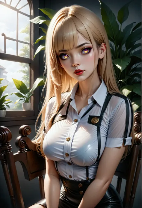 (masterpiece, aesthetic, detailed eyes, realistic), 1girl, mahiru shiina, angel next door spoils me rotten, Long smooth straight golden hair, gradient eyes from purple to golden, large bust, large hips, slim waist, sitting in chair in uniform, super detail...