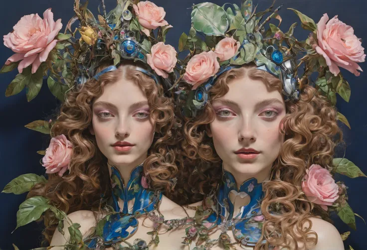 In the cyber Renaissance style, ((old and faded paint)), ((oil painting of Botticelli)), ((cyborgs are the three graces)), (3girls:2.0 (twins, navel cutout, clothing cutout, hair flower ornament, necklace, translucid eyes, medium breasts, wavy hair, leaf, ...