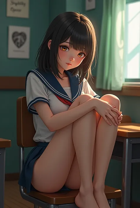 (masterpiece, beautiful,Courage,CG,8K,16K, Best Quality , High resolution , detailed fingers ,detailed hands, Detailed legs, detailed eyes :1.5),sideways,panties focus,1 girl,alone,(During class,classroom,school,silla de la school:1.5),(silla de la schoolに...