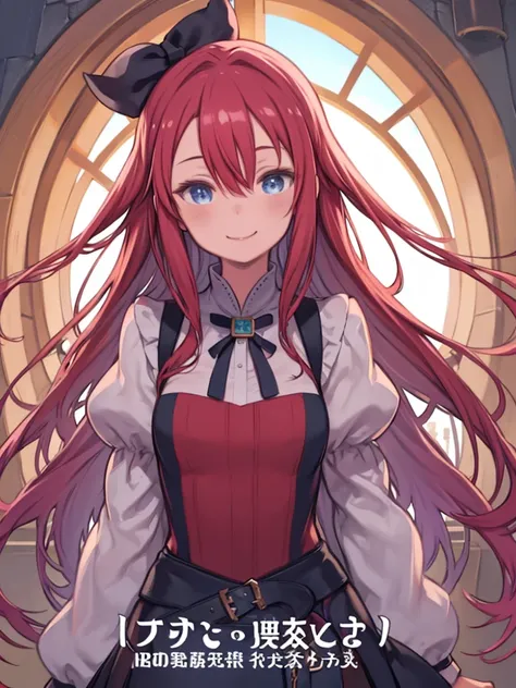 A woman wearing a dirndl、 cute、 medieval fantasy peeking through a keyhole、 smiling、 upper body、Red color hair、hair between eyes、 blue eyes 、 straight long hair、