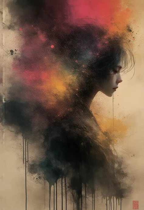 Japanese painting, abstract painting, splash art, vibrant colors, dark painting, psychedelic, dark overthinking blowing head 