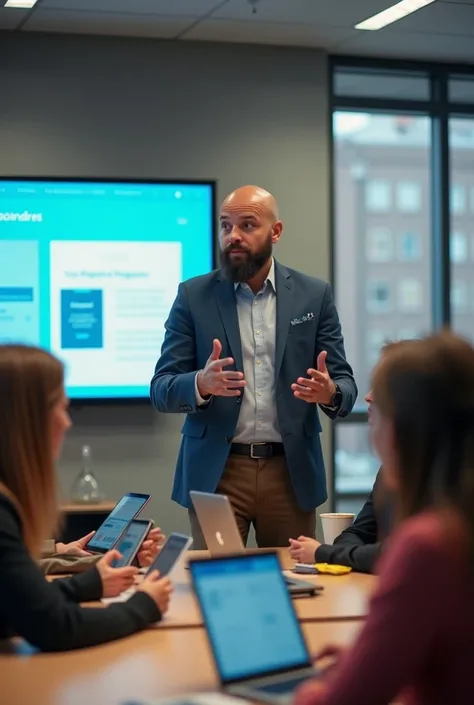 An image of a bald male coordinator with a medium beard and slightly darker skin tone, conducting a professional development training session for teachers. The setting is a modern, well-equipped classroom or meeting room with digital tools like laptops, ta...