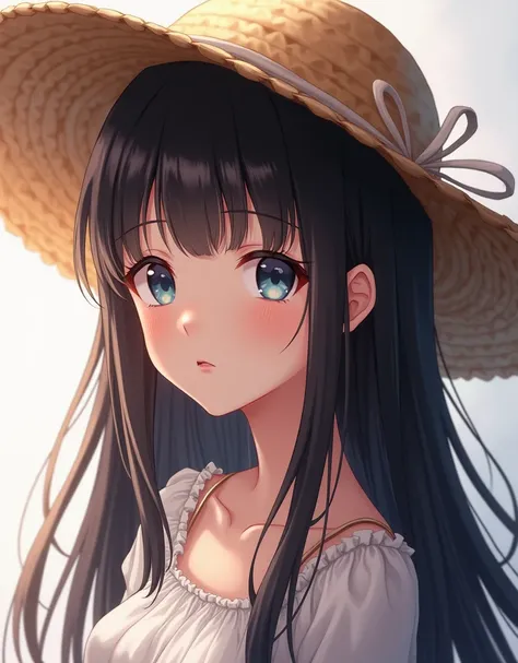 Anime girl aux longs cheveux noirs portant un chapeau de paille, style anime 4 k, beau portrait danime, Style artistique moe anime, fond décran dart danime 4k, Papier peint dart danime 4 K, artstyle anime de haute qualité, style anime, guweiz, illustration...