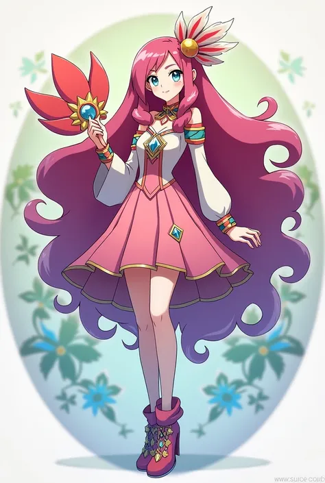  Pokémon trainer Seraphina is a girl of great height and elegance.  has long hair, wavy and of a brilliant shade c .  Her eyes are a deep sapphire color . . She wears dazzling costumes that combine natural elements such as wavy flower petals , gems and fea...