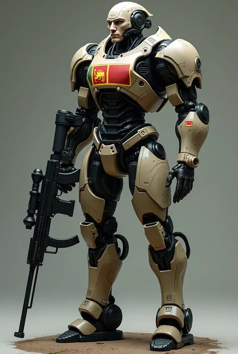 He is a war model
Has a masculine face but a robot and the height of a grown man
Has embossed the Sri lankan flag in the middle chest
Capable of shooting lazer from right hand
There is a awm gun attached to the left hand