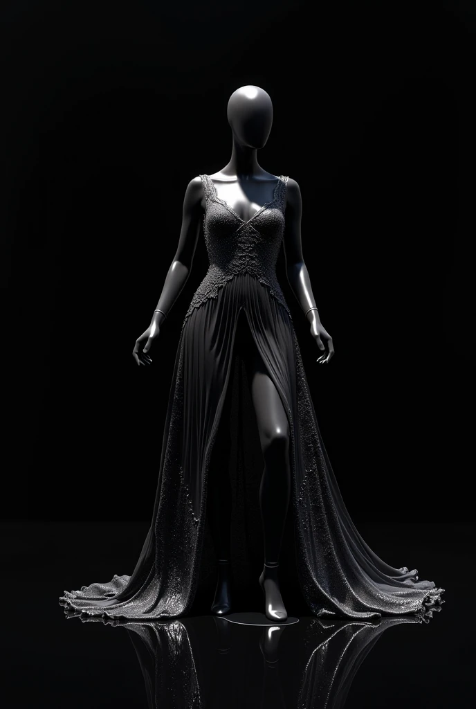  On the black glass floor and black background .  black mannequin with fabulous pose. Liquid royal jelly dress  