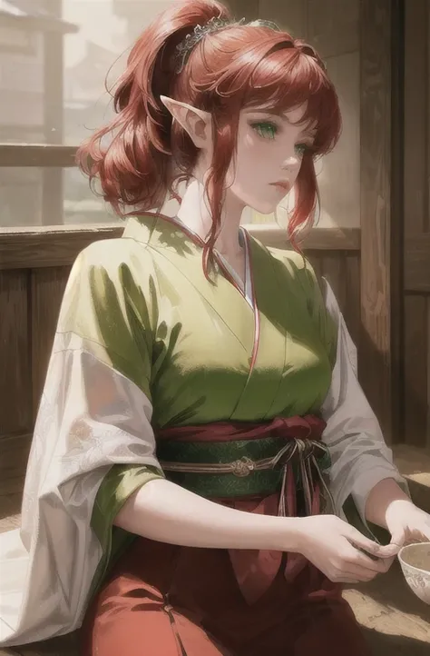 ultra high resolution, ((masterpiece))), (((best quality))), ((super detailed)),  ((extremely delicate and beautiful)),cinematic light, detailed environment(real),
elf princess, (bright red hair), wearing green japanese dress, bright green eyes, photoreal,...