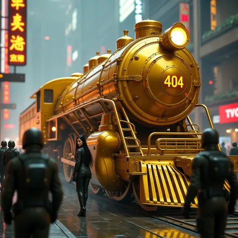 Une locomotive dorée. Il est écrit "404". Des soldats passent. Une femme aux cheveux noirs monte dans le train. Style futuriste. neon lights. epic. 4K.