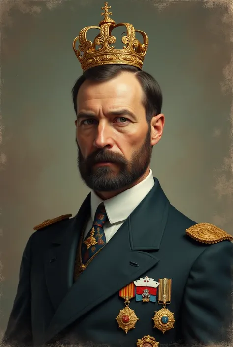  Make an old realistic portrait  (as if it were from the 70s ) of a man with a short beard ,  short hair  ( Similar to Nicholas II of Russia ) wearing aviator sunglasses and with a suit with medals also with an emperors crown