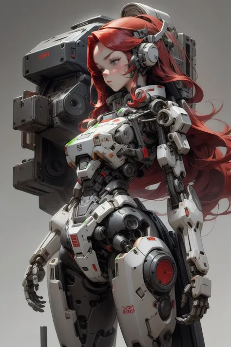 masterpiece, top quality, ultra detailed , Red Hair, long hair, 1 girl,Alone, Square body , Thick arms, Gray Theme, Machinery Parts,Robot Joints, , Standing ,