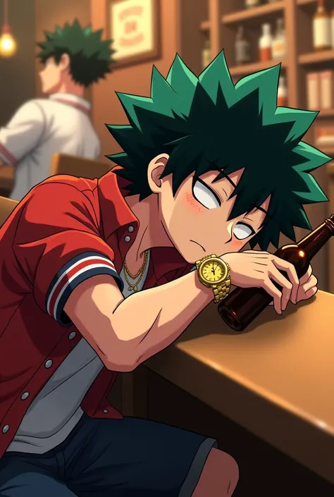  At a Deku bar an anime character called My Hero Academia arrives drunk   ,Deku is wearing his classic student outfit  ,   gold wristwatch and necklace    ,   he has a bottle of beer in his hand because he fell asleep right after drinking, at the counter, ...