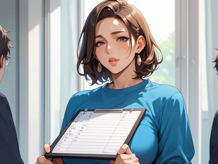 A mature anime woman in skimpy clothes with an exaggerated "mind-blown" expression, holding a checklist, todo list, a line graph going up in the background, the expression is of shock and excitement