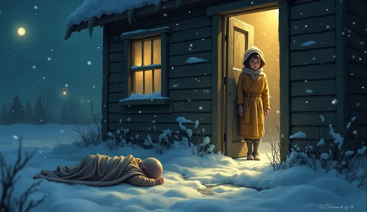 Prompt:
A snowy Christmas night outside a small, dilapidated house with faint, warm light seeping through its single frosted window. A crying new born baby without clothes, wrapped in a tattered blanket, lies on snow on the doorstep, its tiny hands reachin...