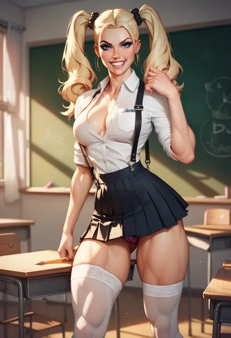 (solo) An illustration of one curvy girl (with nice thighs and glutes), strong, Beautiful, Dominant, toned up, Muscular, sexual, big blonde, school bully with a narrow waist, with light hair, gathered into two ponytails, in a white shirt, suspenders, white...