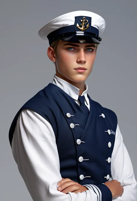 4k ultra realistic a young sailor in traditional dark blue escort uniform