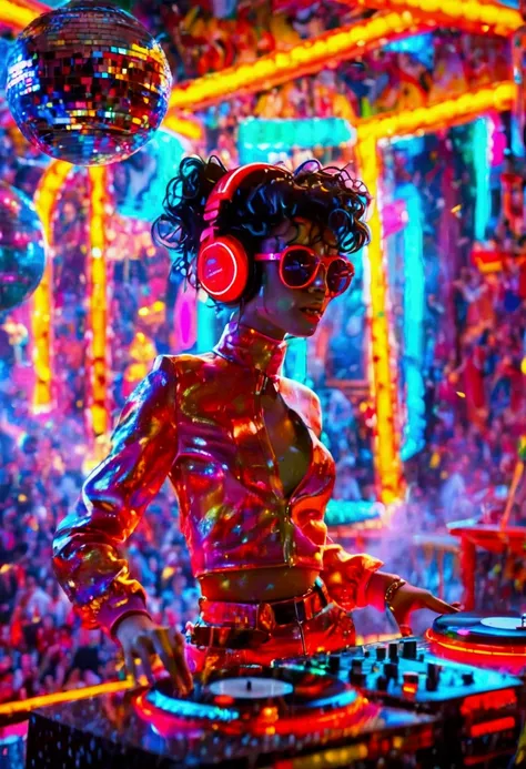 A vibrant 1980s nightclub scene featuring a DJ mixing vinyl records on classic turntables. The DJ wears a retro outfit, including a c tracksuit, big headphones, . The setup includes classic turntables with vinyl, flashing lights, and a disco ball above the...