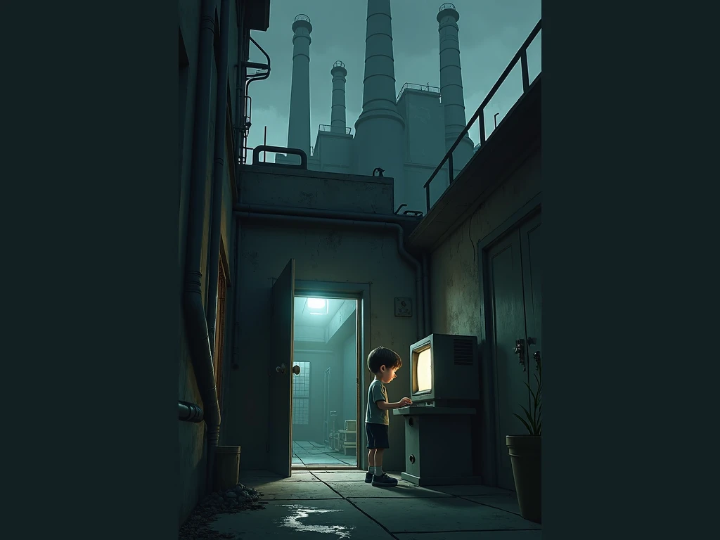 I got a picture of a factory with a boy opening the door from a computer in front of the door, dark theme, and side scrolling view.