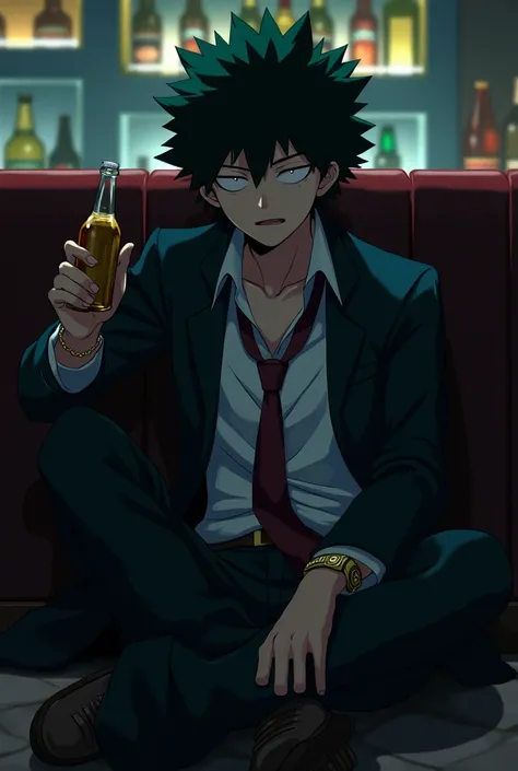 in a bar,   Deku, an anime character called My Hero Academia, is drunk.  ,Deku is wearing a suit   ,   gold wristwatch and necklace    ,   he has an unbuttoned jacket and an untidy tie ,  he has a bottle of beer in his hand because he fell asleep right aft...