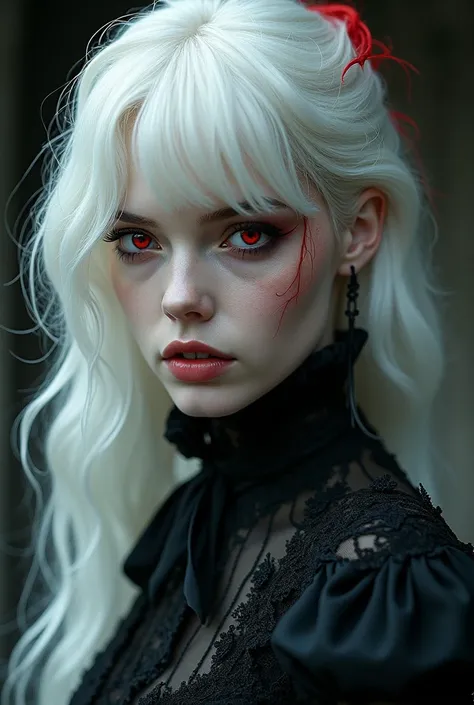  Create an image of a white-haired woman with a crimson tuft in her red-eyed hair, gothic style clothing  