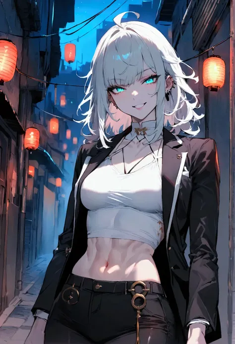 Masterpiece, best quality, 1girl, solo, 23 years old, adult, teal and dark and white hair, messy hair with bangs, ahoge, medium hair, glowing neon aqua eyes, medium breasts, toned, 176cm, pale skin, grin, white tank top, midriff peek, dark elegant outfit, ...