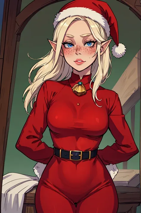 Masterpiece, best quality, portrait, (masterpiece, best quality)1.5, 1girl, solo, red Christmas outfit female elf, cute, Santa hat, blue eyes, blush, jingle bells, freckles, ashen hair